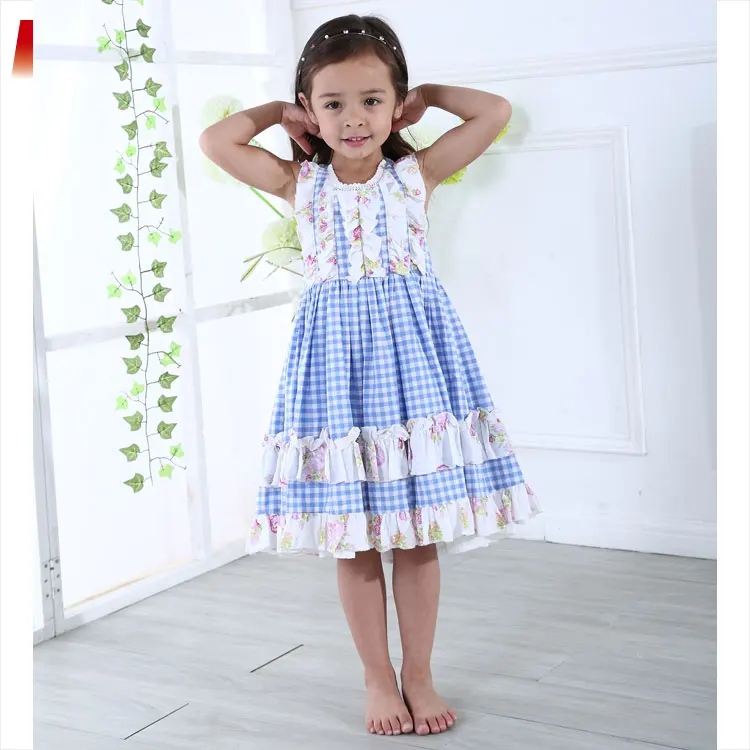 Jannybb new design  baby girl blue check print dress