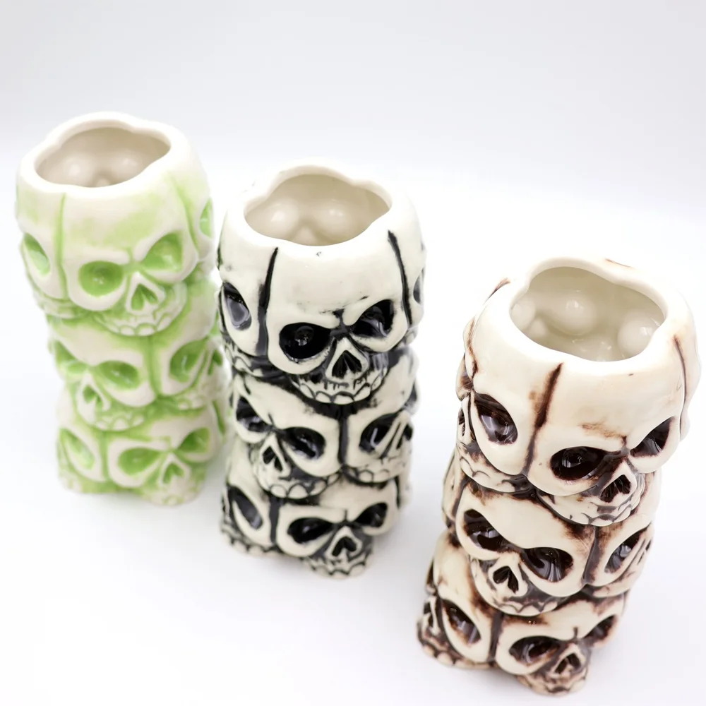 Custom color high grade wholesale Halloween barware skeleton themed creative ceramic stacked skulls tiki mug