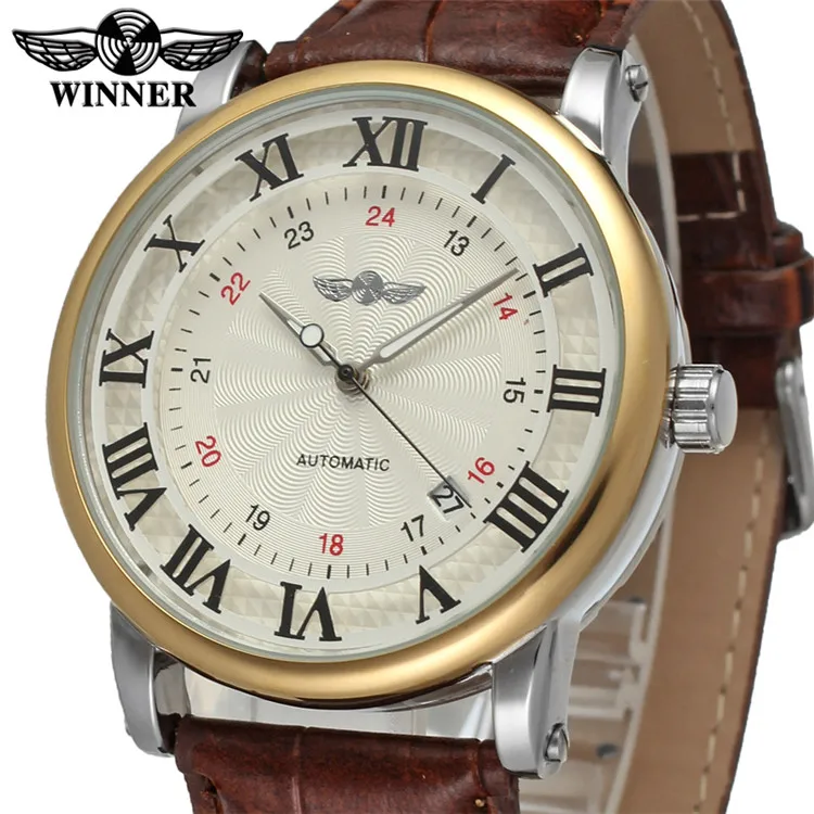 WINNER 8051 new design Brown boys mechanical watch exclusive leather band water resist alpha automatic scrolling giant watch