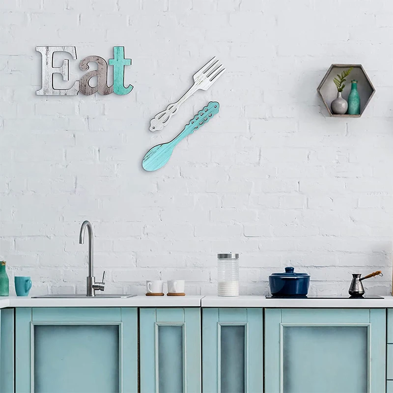 Multicolor Rustic Cutout Eat Fork Spoon Wooden Wall Signs For Kitchen Home Decor