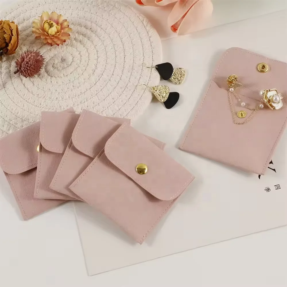 Pink Microfiber Jewelry Pouch Bag, Handmade Velvet Jewelry Packaging Pouch with Snap Button, Personalized Jewelry Bag With Logo