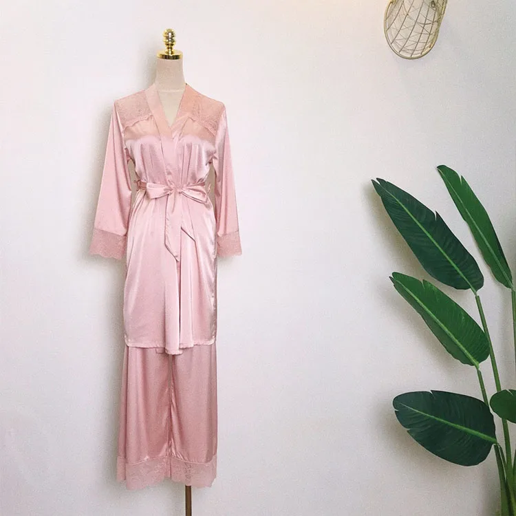 wholesale custom pink sexy long mulberry silk satin robe grow and pajamas set for women in bulk