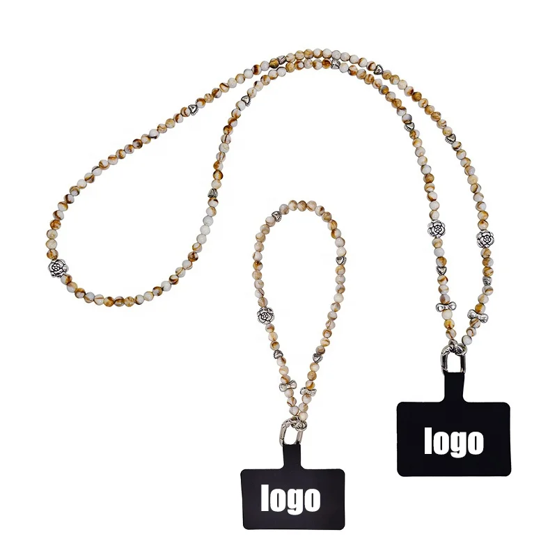 Fashion Camellia Natural Stone Beaded Chain Crossbody Patch Phone Strap Wrist Lanyard For Keys iPhone Case ID Badges Custom Logo