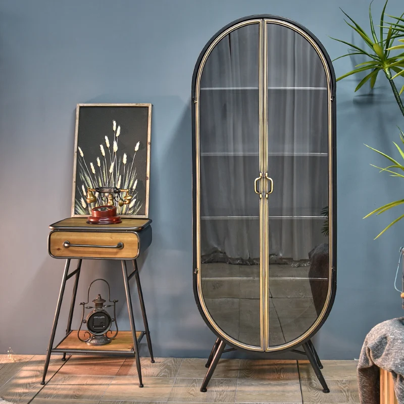 INNOVA Farmhouse Vintage Industrial Storage Furniture Accent Arched Glass Door Black Metal Display Side Cabinet For Living Room