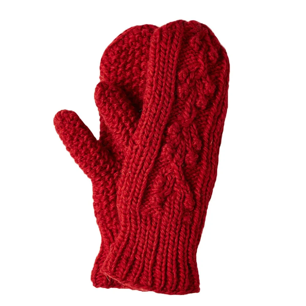 2024 Women Winter Red 100% Merino Wool Ball Knit Mitten with Fleece Lining Custom Hand Knitted Mitten