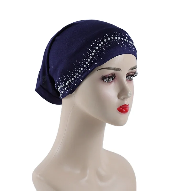 New Arrival Pearl Beaded Turban Underscarf Muslim Women Stretchy Modal Bronzing Diamond Jersey Inner Hijab Cap