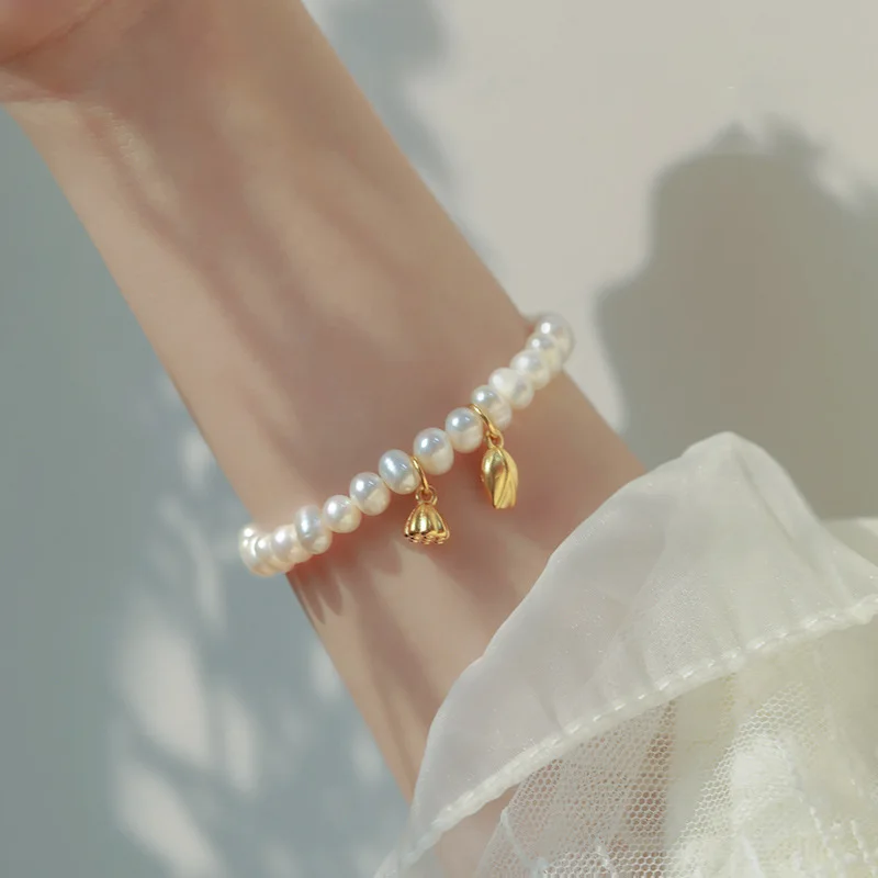 Fashionable Elegant Lotus Flower Freshwater Pearl Bracelet INS Popular Temperament Jewelry for Women