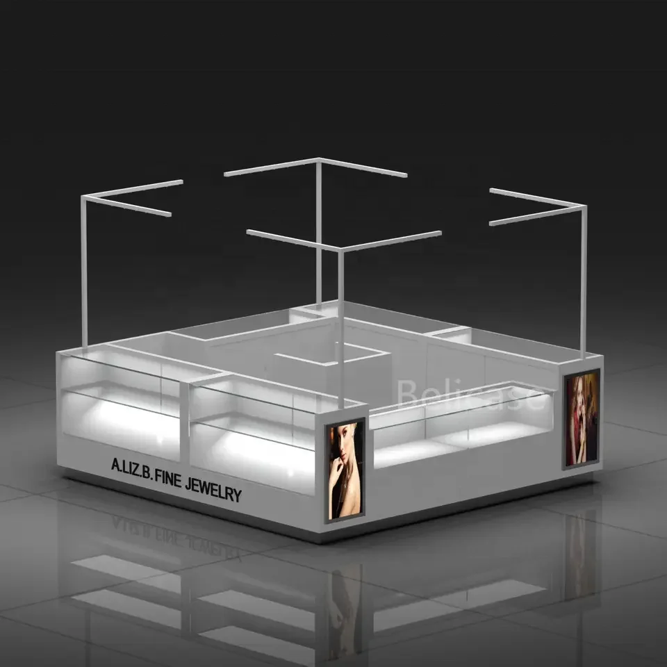 New Design Shopping Mall Jewelry Store Showcase Necklace Display Cabinet Over Head Light Jewelry Kiosk with LED Light