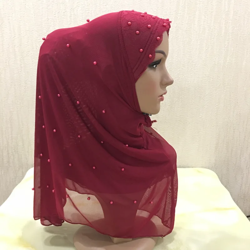 
Hot sale Muslim Women Pearl Lace Instant turkish polyester hijab scarf 