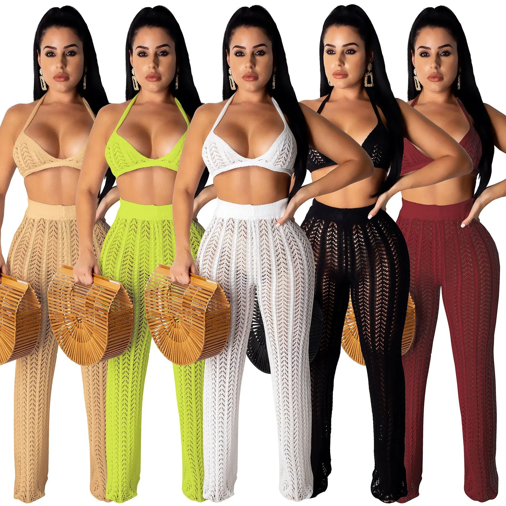 
Sexy Knitted Mesh Hollow Out Perspective Belt Backless Two Piece Pants Set Beach Wear 2021 Summer Clothes For Women Dress 