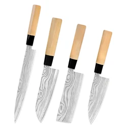 Hot Sale 4pcs Stainless Steel Sushi Japanese Chefs Knives Wood Handle Laser Damascus Pattern Sashimi Fish Fillet Deba Knife Set