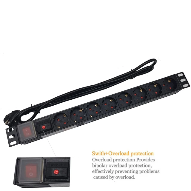 PDU Power Strip Distribution Unit Cabinet 8 Way AC German/French Socket Overload lightningproof Break Switch EU Plug 2m Cord