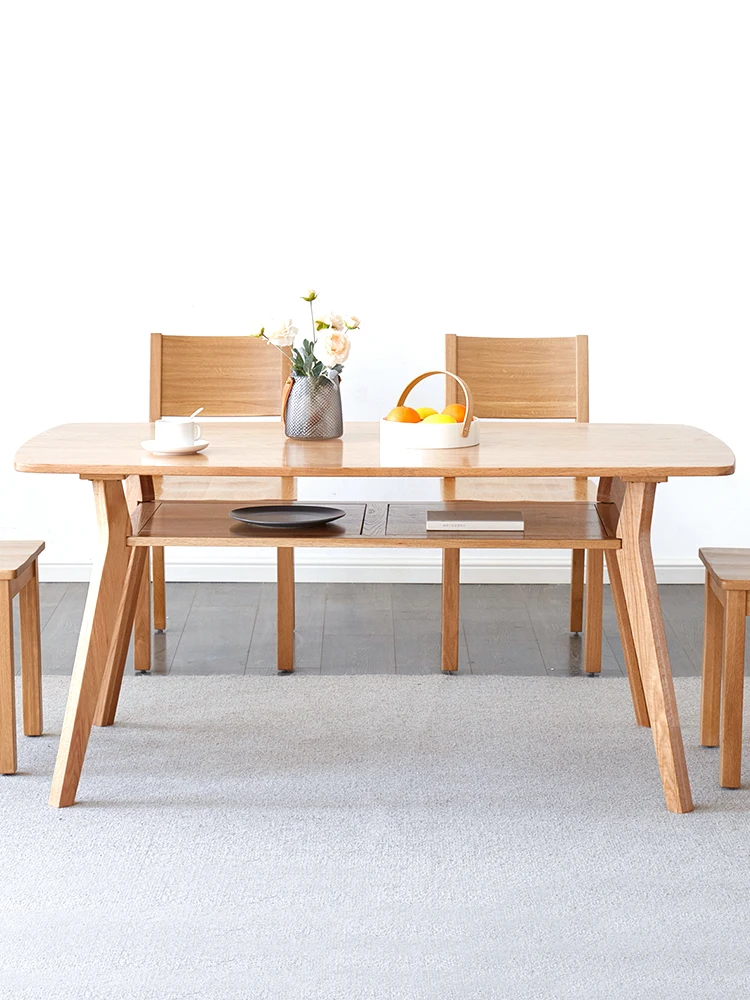 Solid Oak Wood Home Funiture 2 Layers Dinning Wooden Dining Table and Chairs Set