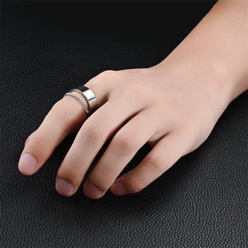 High Quality New Punk Style Wide Plain Blank Stainless Steel Silver Plated Finger Rings with Chain Links for Men Women