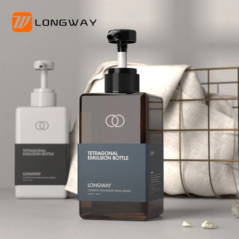 Luxury Hotel Amber 450ml Square Shower Gel Bottle PETG Plastic Lotion Dispenser Shampoo Bottle