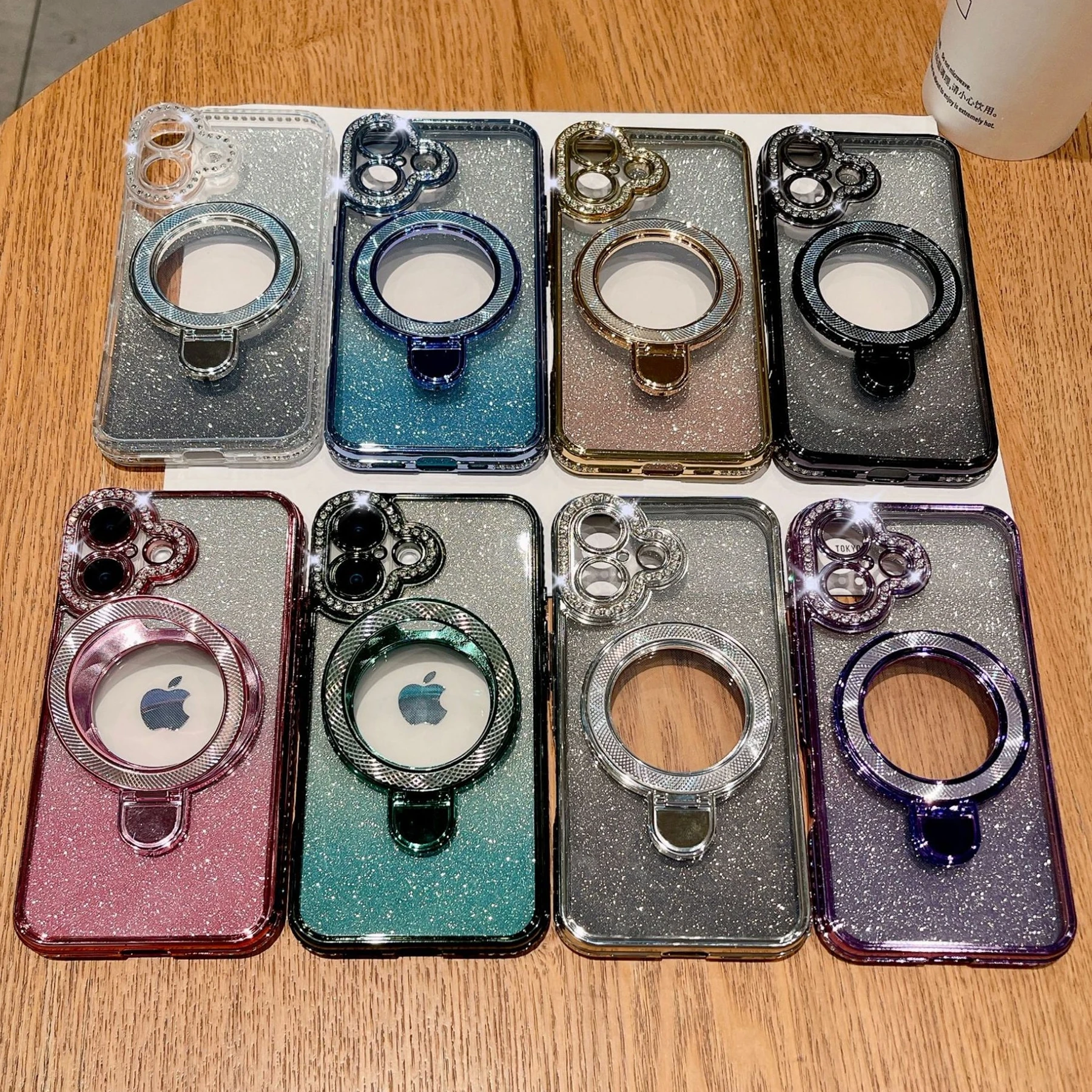 For iPhone 16 Magnetic Case Glitter Rhinestone Lens Frame Ring Stand Plating Shockproof Phone Cover For iPhone 14 15 16 Pro Max