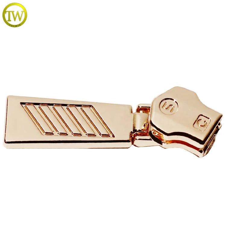 Zipper manufacturer made handbag puller type custom gold logo zipper head #5 metal puller tags for boot