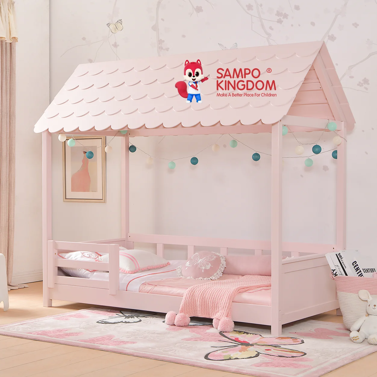 Water based painted bed for children+ FSC chain of custody certificate  pine wood kids bed+ full roof Hut-shaped  bed