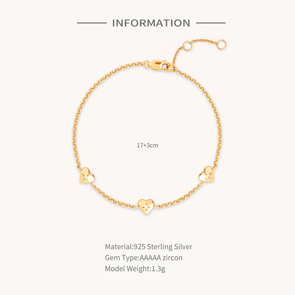 Summer 925 Silver Dainty Heart Charm Bracelet Jewelry Exquisite Zircon Plus Heart Design 18k Gold Plated Bracelet Gifts