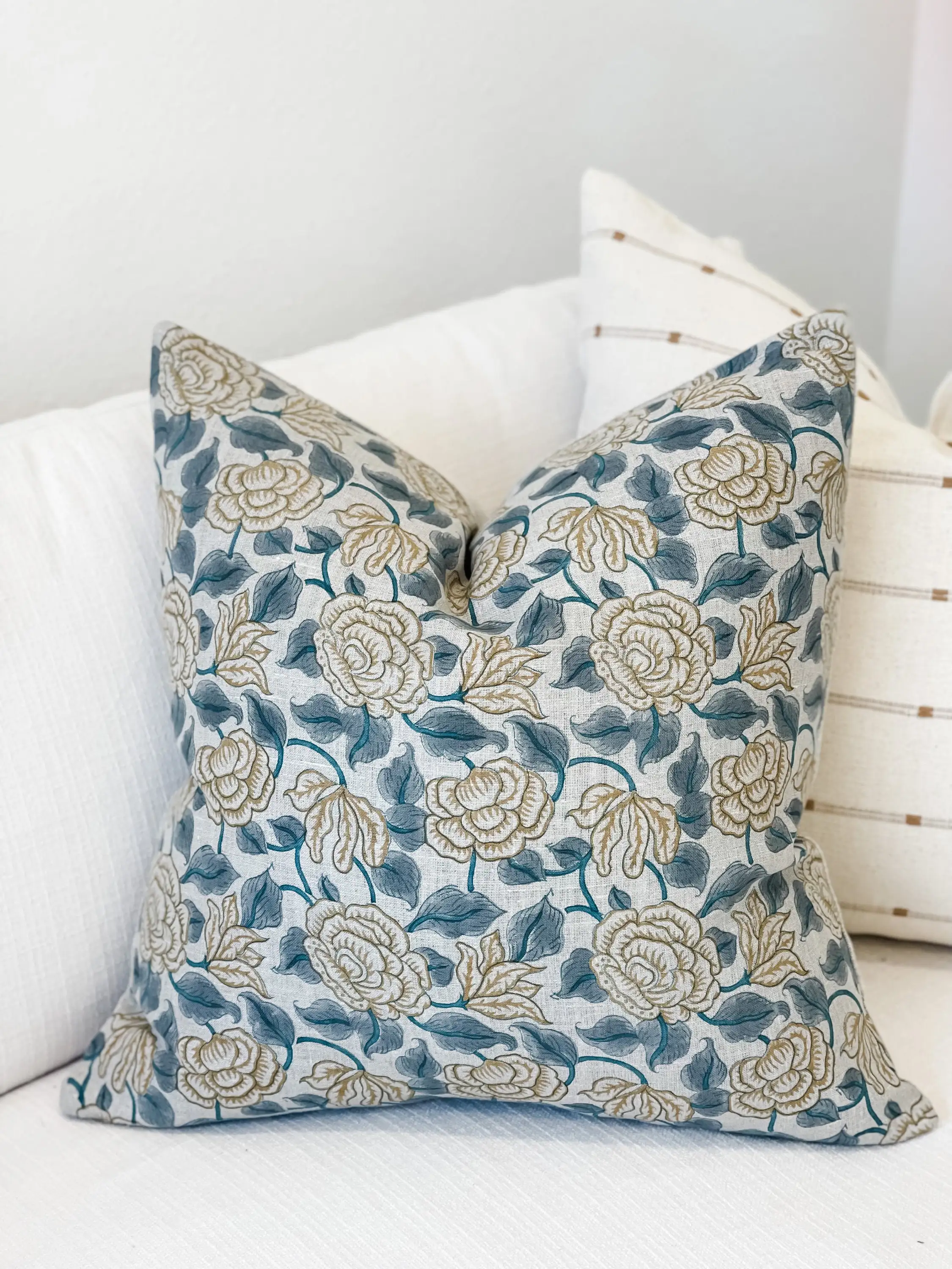 Custom Boho Throw Printed Floral Teal Blue With Mustard On Natural Linen Pillow Cover Cushion Covers Decorative Home