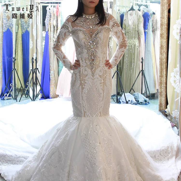 LUWEIYA New Dresses Luxurious Beaded Bride Gowns Long Sleeve Mermaid Wedding Dress Bridal Gowns With Long Train