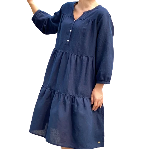Latest Design Elegant Navy Long V-Neck 100% Cotton Outdoor Female Dress