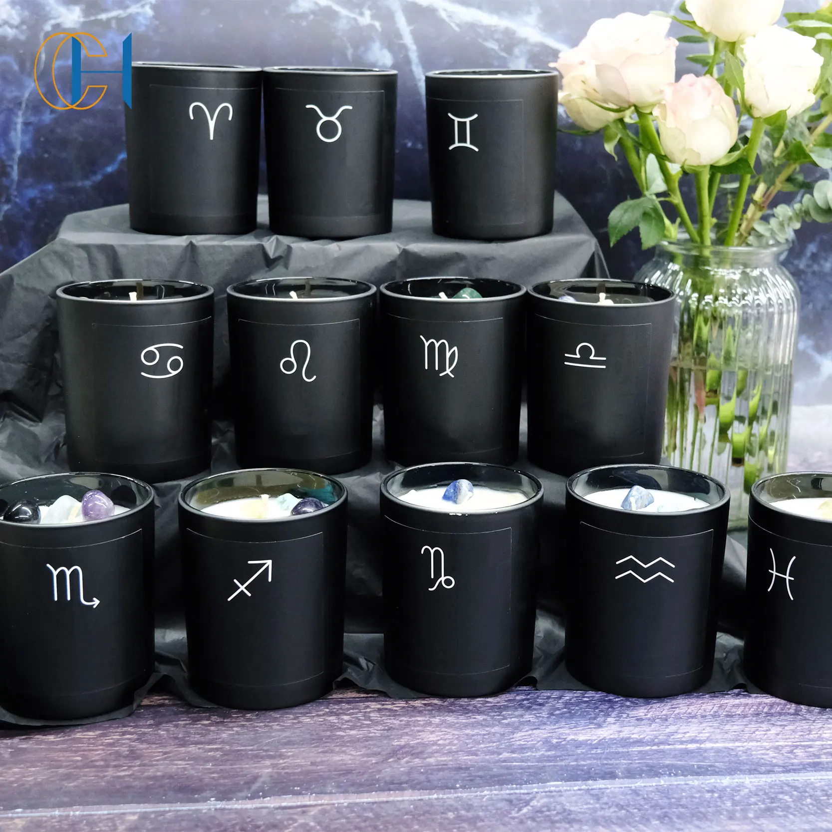 Custom Logo Black Constellation Candle Holder Matte Black Color Empty Container Wide Mouth Glass 12 Zodiac Candle Jar