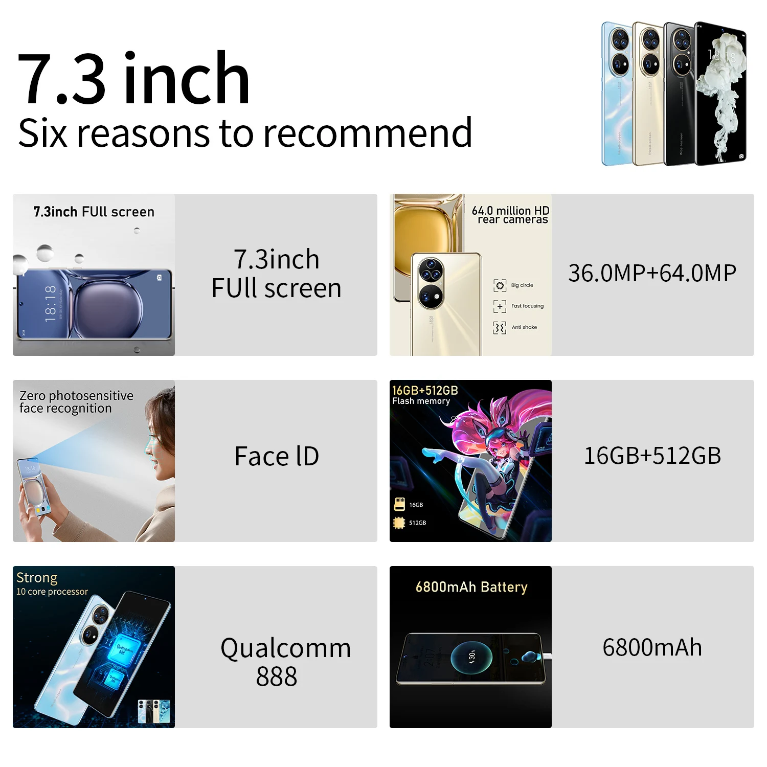 Hot Selling P50 PRO Unlocked 32+64MP 10 Core Dual SIM 16GB+512GB Cheap Smart Phone 7.3 inch Android 10.0 Mobile SmartPhones