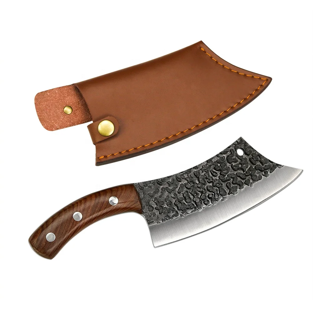 7 Inch High Carbon Stainless Steel Hammer Pattern Slaughter Boning Butcher Knife Full Tang Serbian Knife Leather Sheath Kitchen
