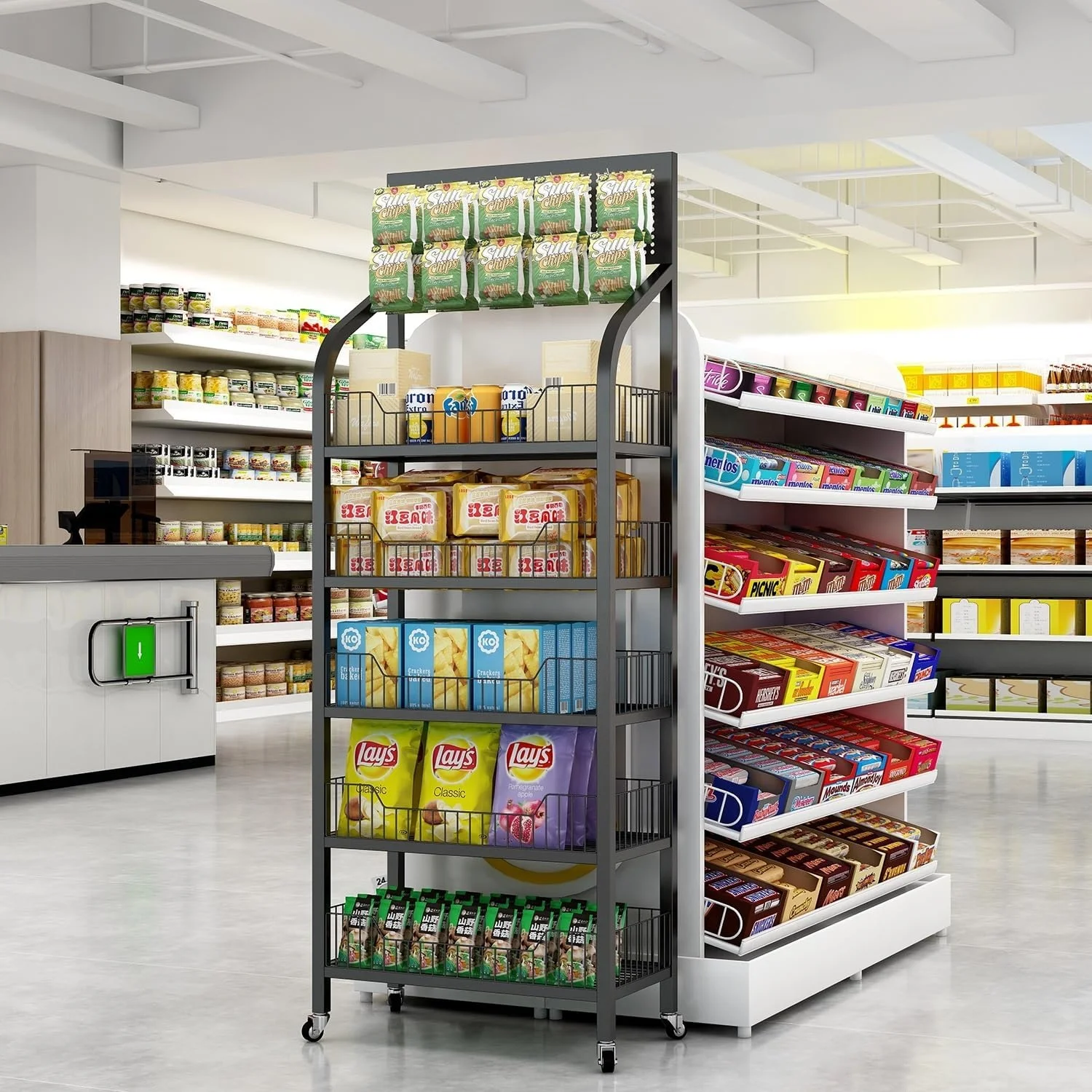 Easy Assembly Supermarket Retail 5 Tier Snack Rack Display Stand Metal Snack Shelf for Store Home Kitchen With Hooks & Wheels