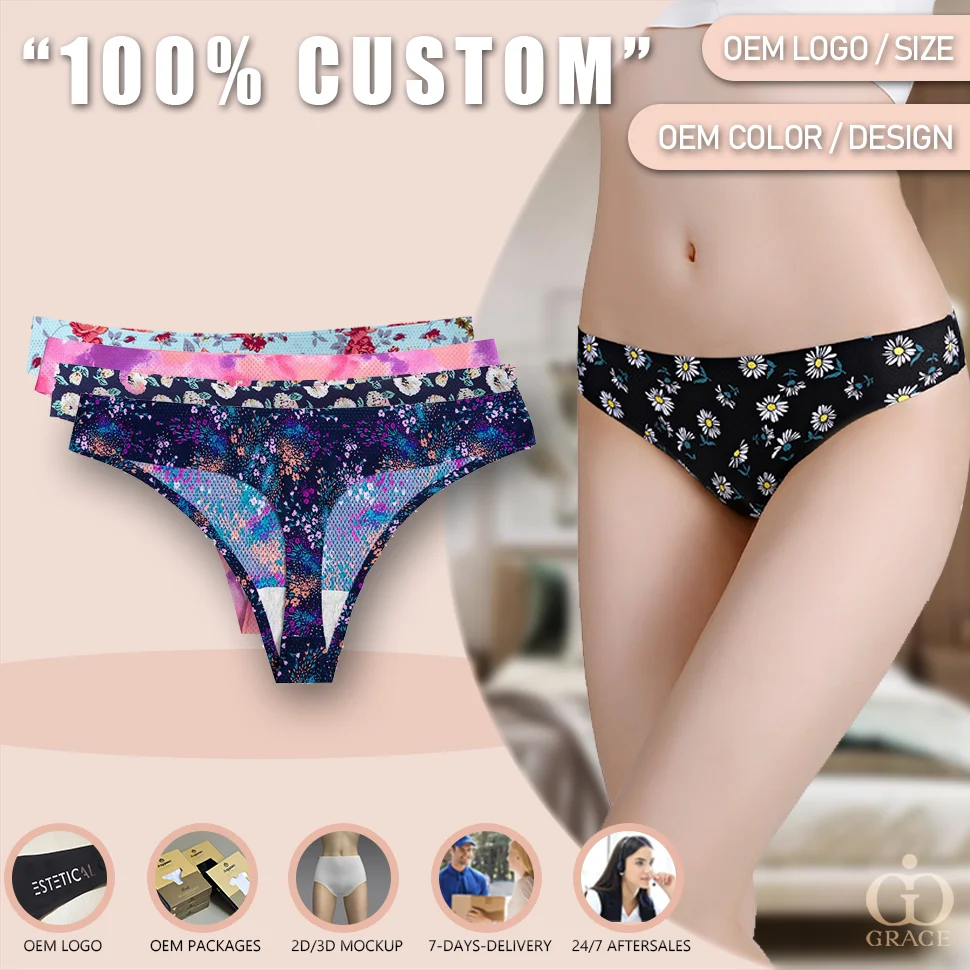 Custom Print Seamless Thongs Floral Leopard Ice Silk Traceless No Show One Piece Women Bonded Tangas Underwear Seamless Panties