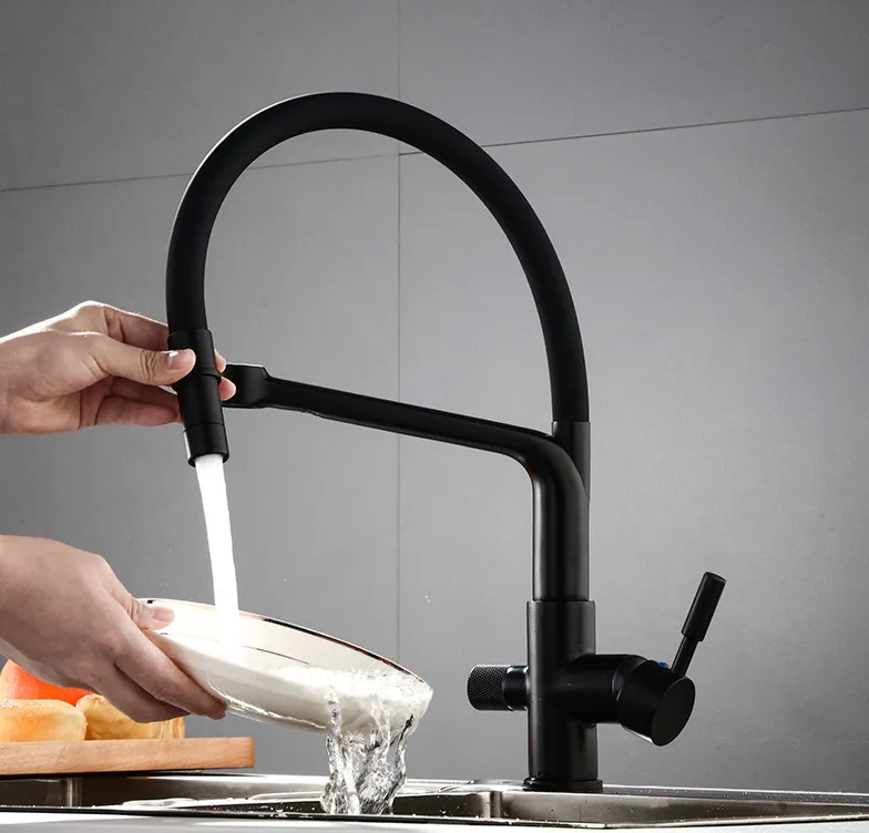 YLK0079 Black pinaintg  brass 3  way filtered drinking mixer tap pull out chrome plated water purifier kitchen faucet
