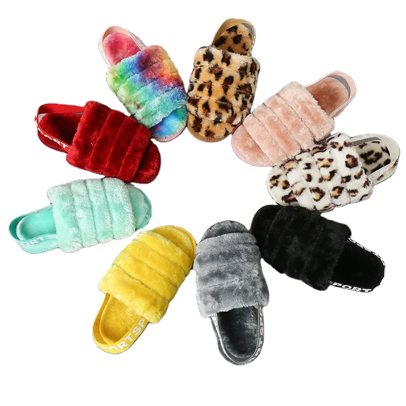 Drop Shipping Women Soft Plush Furry Cozy Open Toe House Flat Slippers Lamb Fur Warm Comfy Sandals Fluff Yeah Slide Slipper