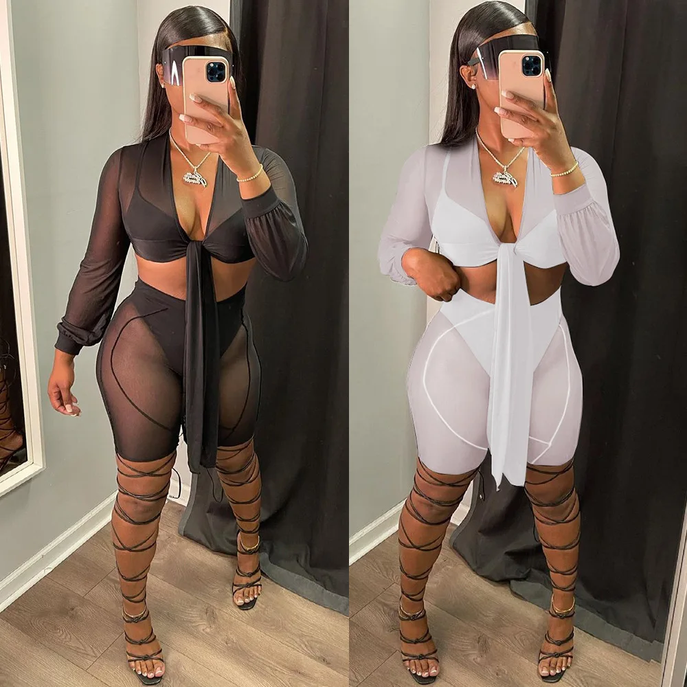 M2138 Mesh 4 piece set black white fall clothing fashion sexy outfits for women 2021 club wear