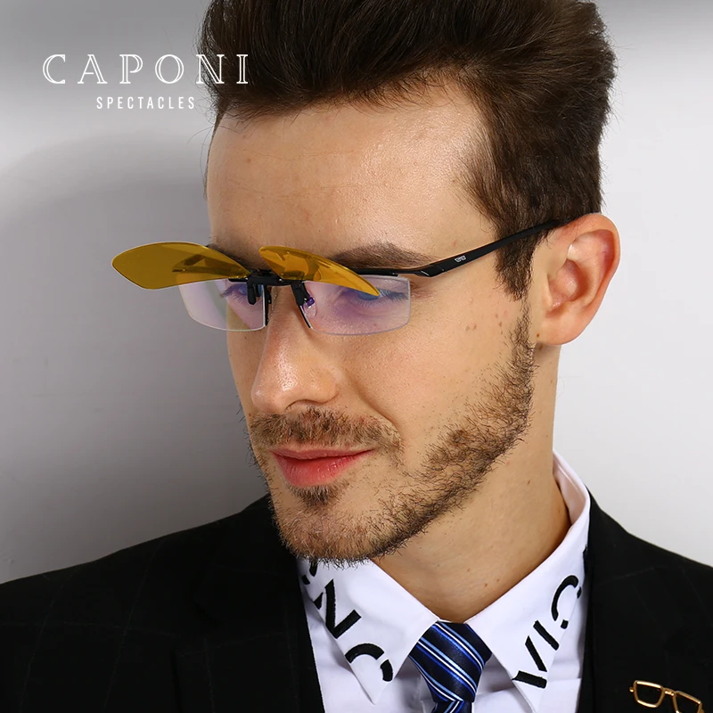 Модные Мужские поляризационные очки CAPONI UV400 с желтыми линзами оправа для близорукости вождения солнцезащитные клипсой