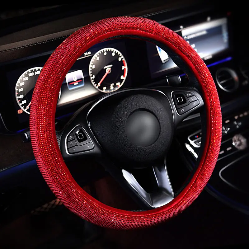 New Diamond Leather Steering Wheel Cover with Bling Bling Crystal Rhinestones Universal Fit 15 Inch Car Wheel Protector 139