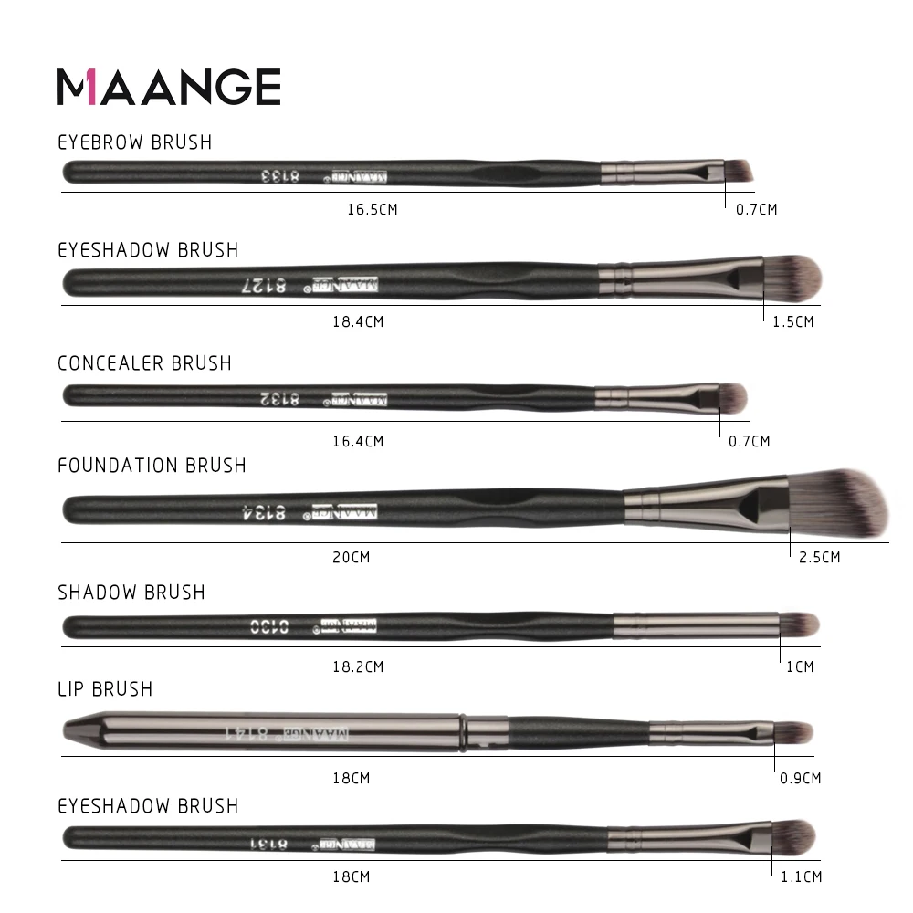 MAANGE Private Label Elegant brush 7pcs Custom Black Lip Angled Foundation Concealer Eyeshadow Eye Shadow Makeup Brush Se