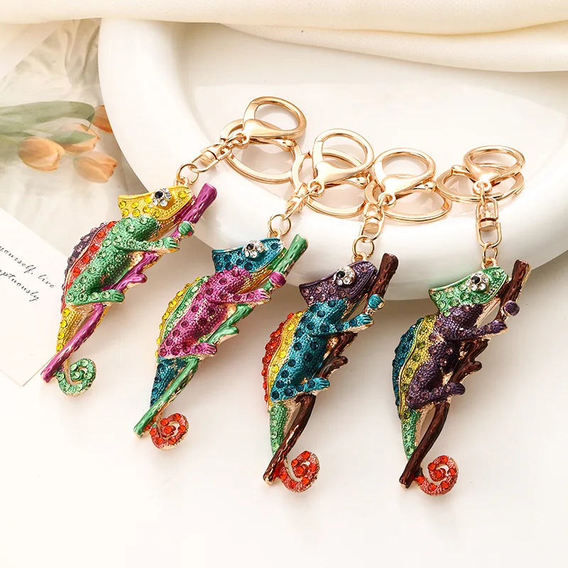 Cute Chameleon Lizard Gecko Metal Key Chains Cartoon  key Ring key Holder  Alloy Rhinestone  Keychain Bag Pendant For Gift