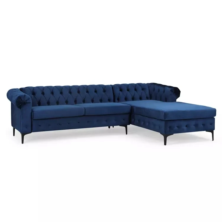 Wholesale Light Luxury Sofa Bed Furniture Hot Sale Blue Tufted Velvet Chesterfield L Shape Corner Sofa