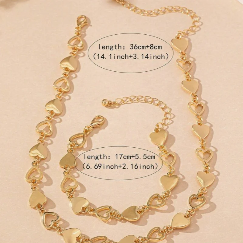 Necklace Bracelet Set Elegant Fashionable Heart Shaped Cut-Out Design Made Of Stainless Steel Women Love Hollow Out Jewelry Set