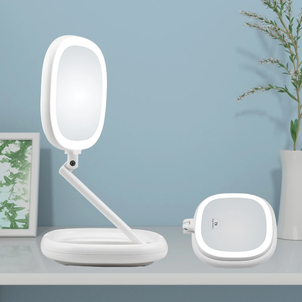 New Design Double Sided Travel Led Mirror Makeup Hand Mirror Foldable Vanity Mirror
