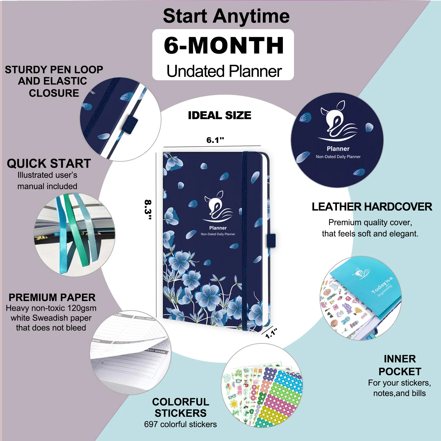 2024 Non-Dated Planner Notebook PU Leather Notebook Hardcover Journal with A5 Note