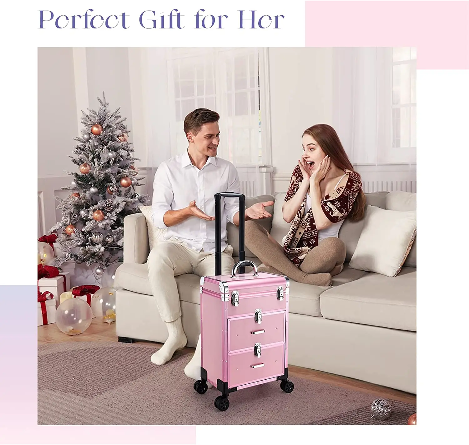 Professional Rolling Makeup Train Case with Drawers, Large Cosmetic Trolley with Locks, Cosmetics Storage Organizer Make up Case