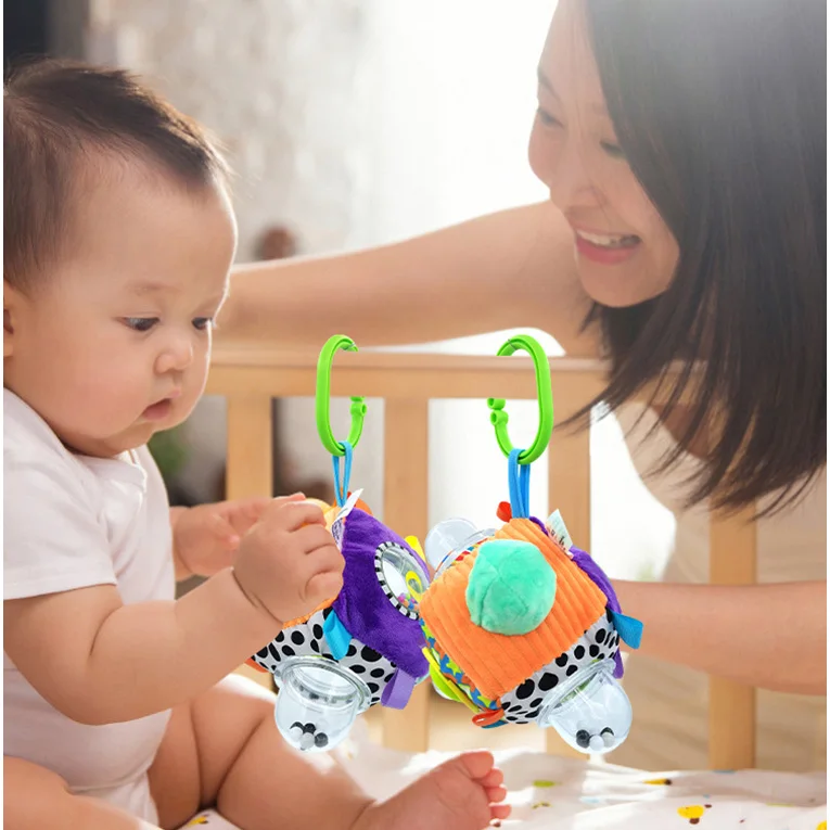 babyfans 2024 new design product baby soft cube hanging toys with rattle mirror for stroller or crib different material sensory
