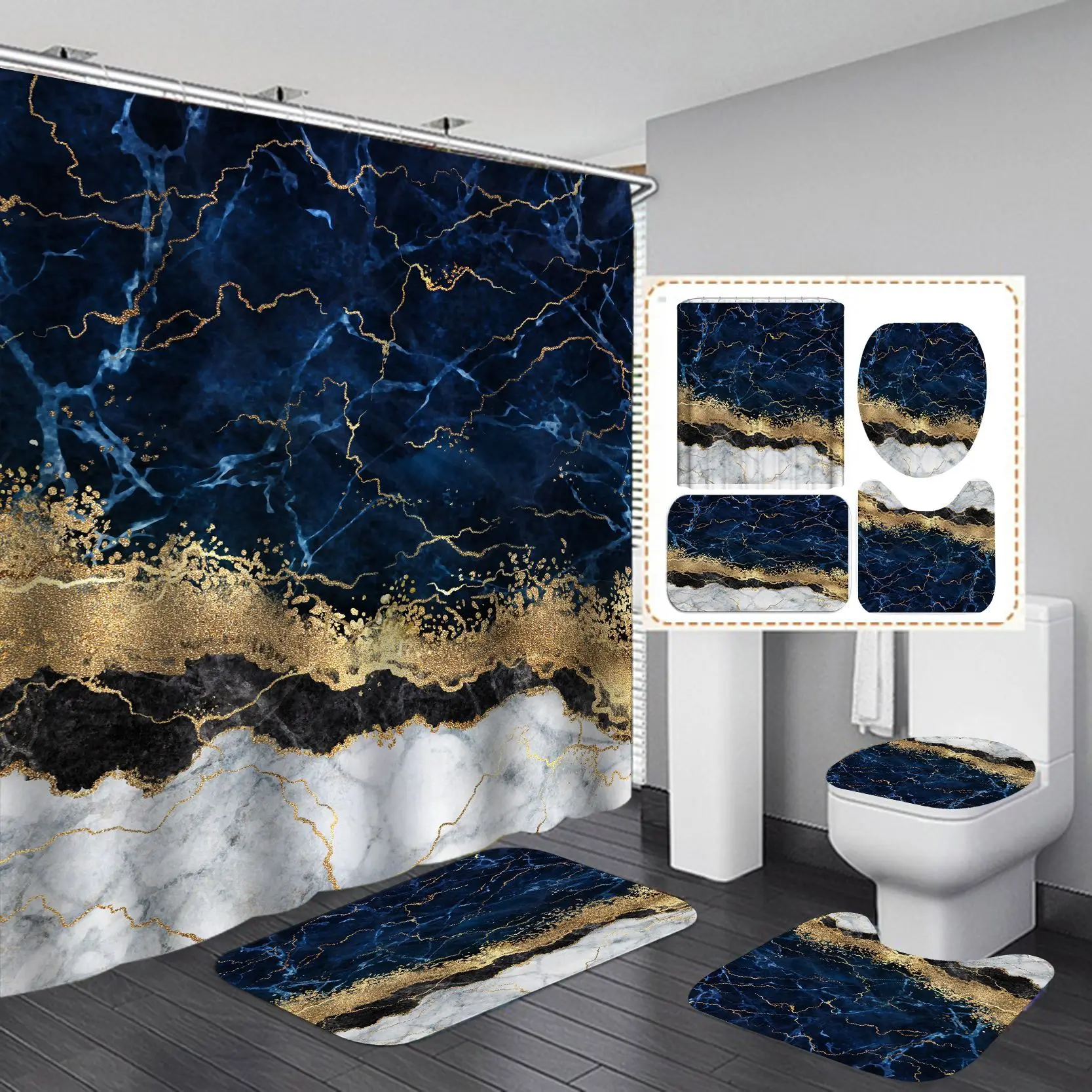 Designer Art Marble Print Shower Curtain Bath Mats Set Waterproof Toilet Cover Toilet Rug Polyester Fabric Shower Curtains