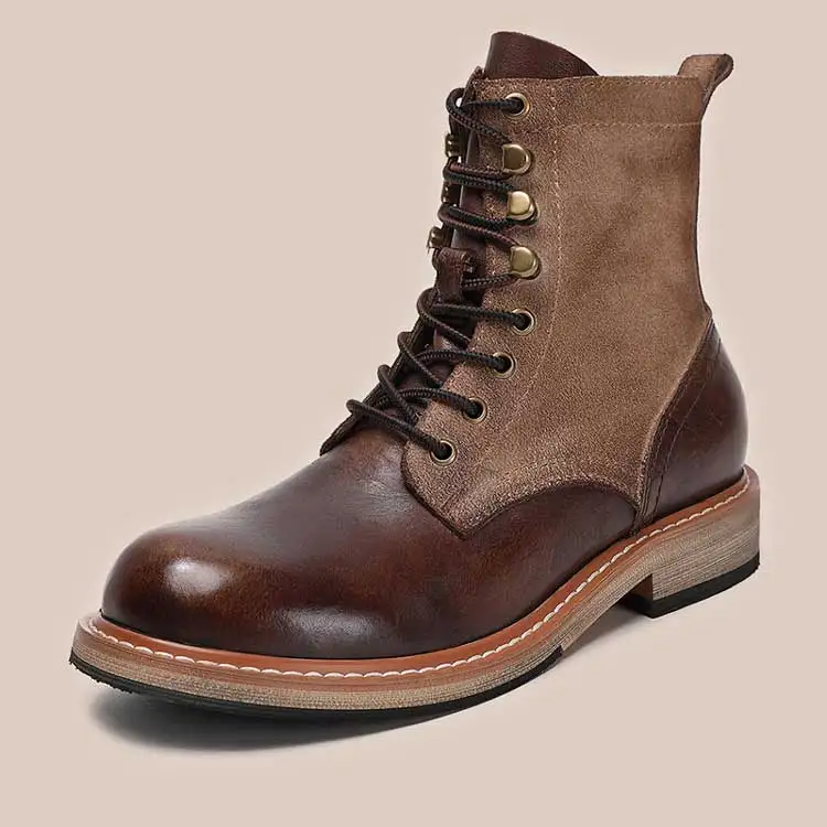 Fashion retro black breathable rubber sole paratrooper boots waterproof cowhide leather safety boots