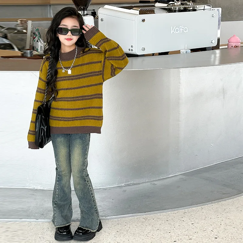 2023 Youths Girls Yellow Striped Pullover Knit Sweater 5-15 Years