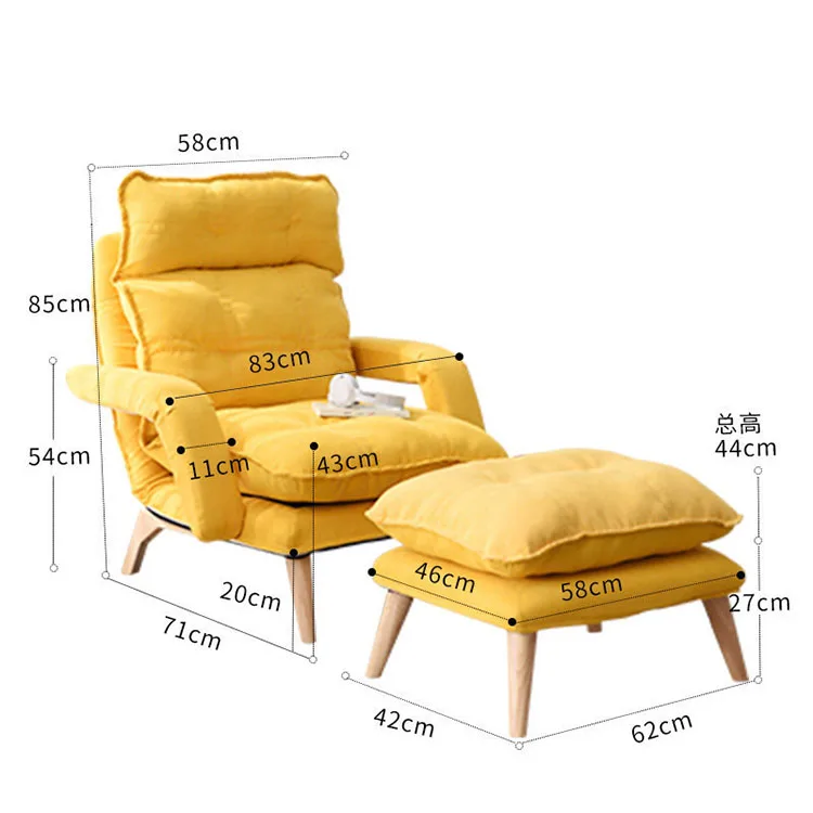 Comfortable lazy fabric sofa multifunctional folding sofa bed solid wood legs reclining lazy sofa chair with footstool