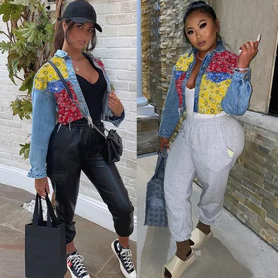 2021 New Top Ranking Products Printing Trendy Ladies Coat Long Sleeve Denim Jackets Bandana Autumn Crop Jeans Jacket Women