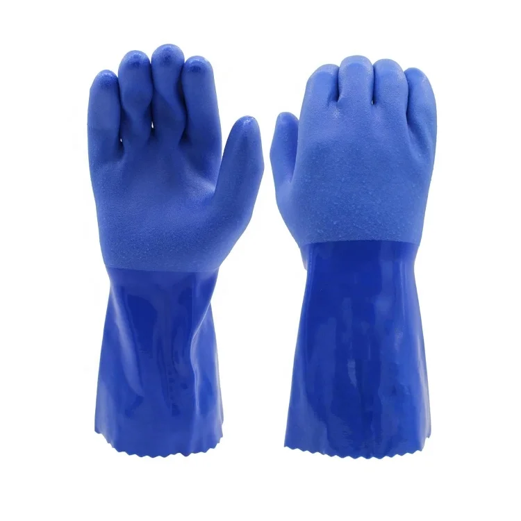 Double Dipped Fully Coated Blue PVC Gloves Slip Resistant Surface And Thick Coating